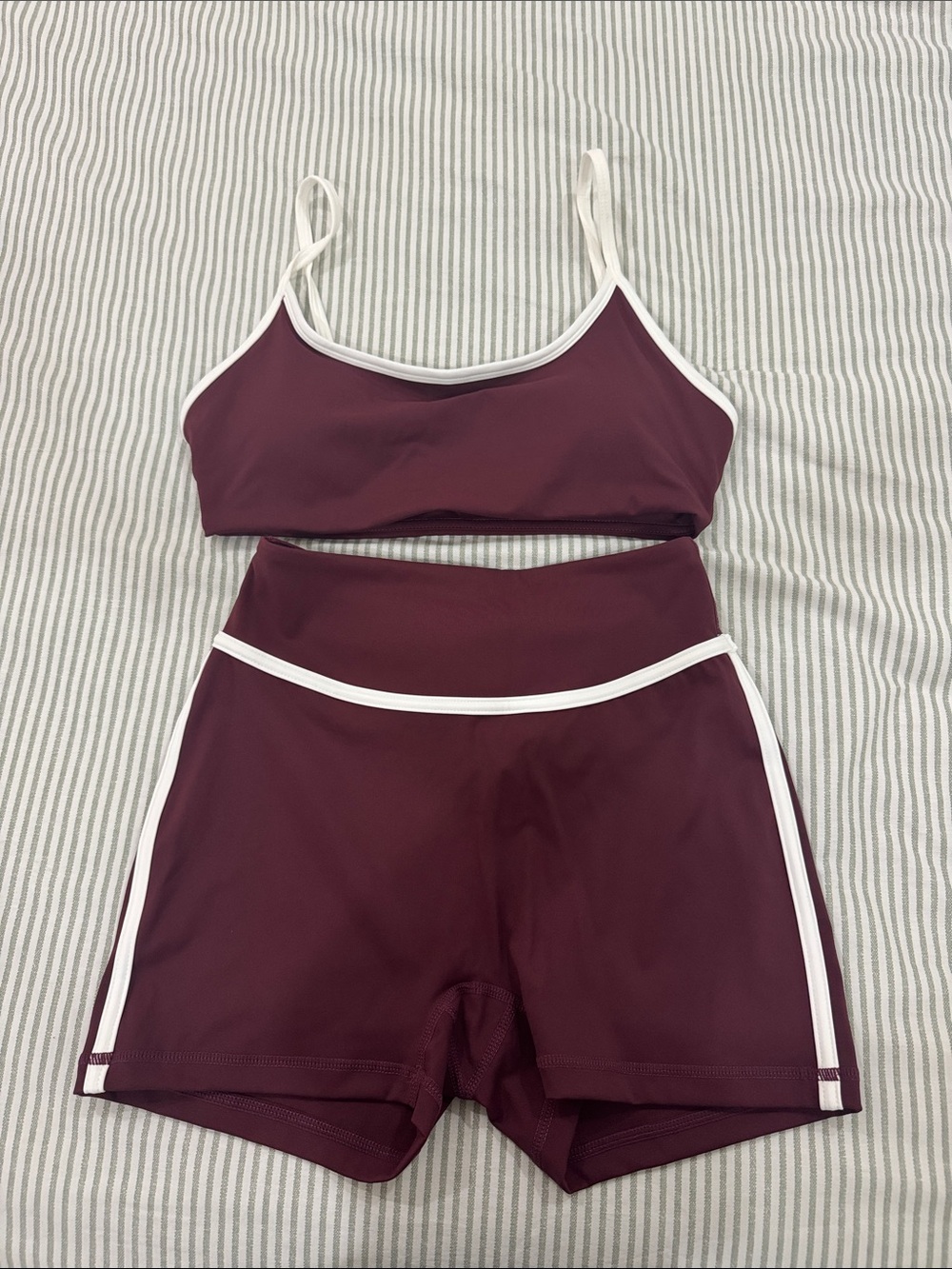 Women's Maroon Active Crop Top & High-Waist Shorts Set with White Trim